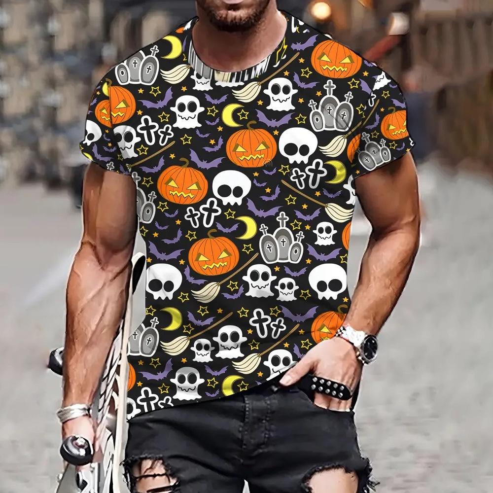 Men's T-shirt Short Sleeved Halloween 3D Pumpkin Skull Pattern T-shirt Fashionable and Funny T-shirt Casual Loose Halloween Party Top