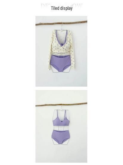 Women's Purple Long-Sleeve Three-Piece Swimsuit Set - High-Waisted, Slimming, Sun-Protective, Split Design.