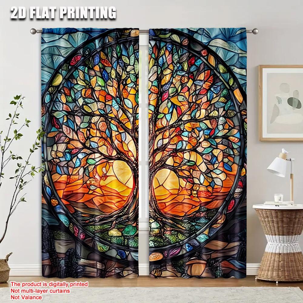 Flat Printing Curtain Stained Glass Tree Life Polyester Without Electricity Festive Wall Decor Home Party Curtains Set Of 2 Made