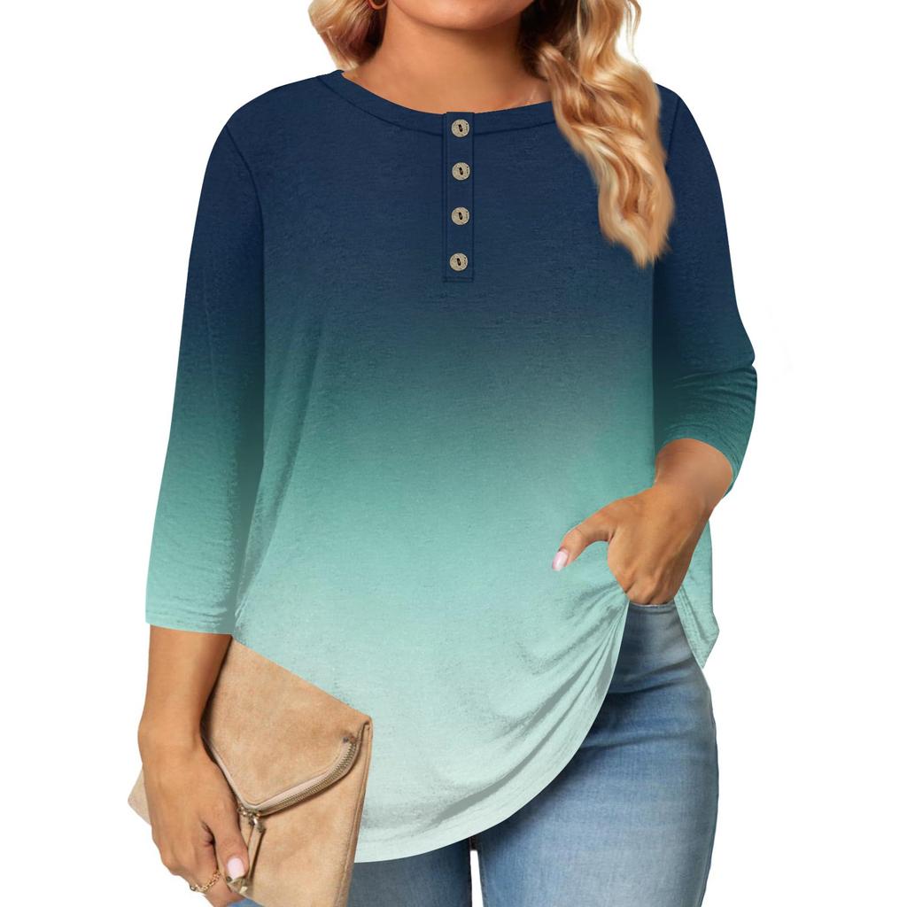 Women's Large Size Print 3/4 Sleeve Button Collar Top T-Shirt Bottoming Shirt