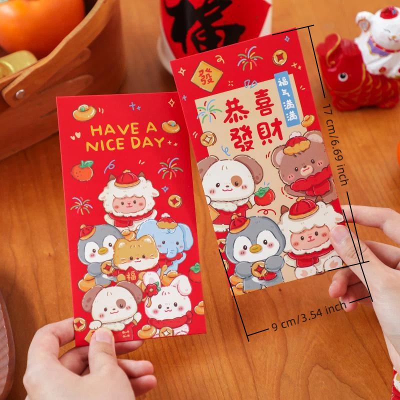 6Pcs New Year Blessing Red Packets Thick Paper Money Envelopes for Spring Festival Gifting