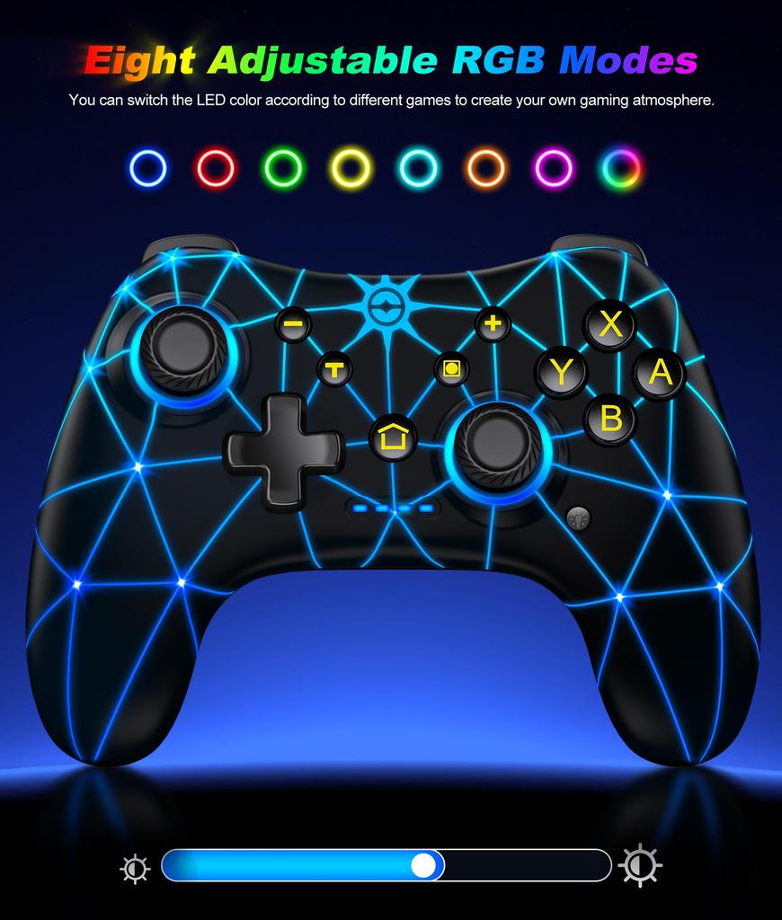 Switch Controller with Macro RGB Rapid Fire Wireless Pro Gyro 4 Vibration and Back Compatible with Switch Switch and iOS Programming, 8-Color Light,