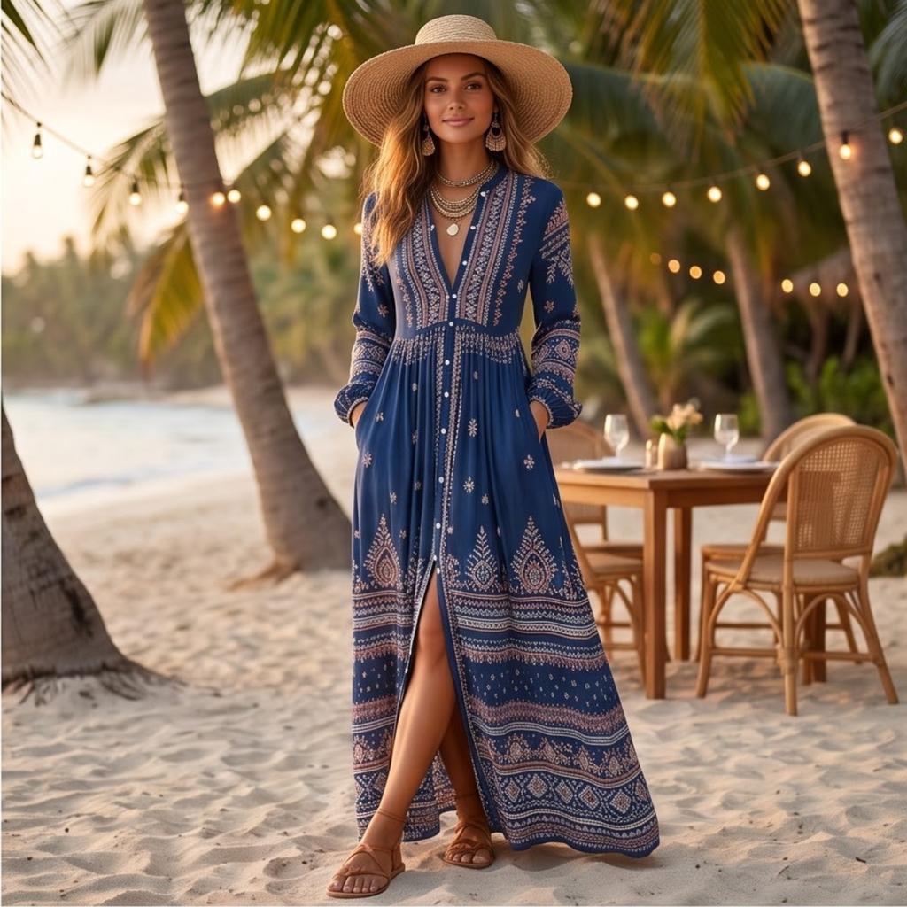 Women's Bohemian Vintage Purple Print Maxi Dress with Mandarin Collar and Long Sleeves, Loose Fit with Cinched Waist for Vacation