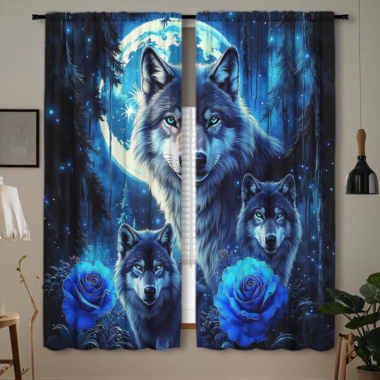 

2pcs Under the Moon Wolf King Rose Curtain - Artistic Home Decoration Curtains All Season Decorative Curtains 100*130 HOOK 1pcs