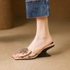 Fashion Summer Wedge Open Toe Going Out Half Slippers  New Square Headpiece Diamond Bow Slip-on Anti-slip Wear-resistant Kitten Heels