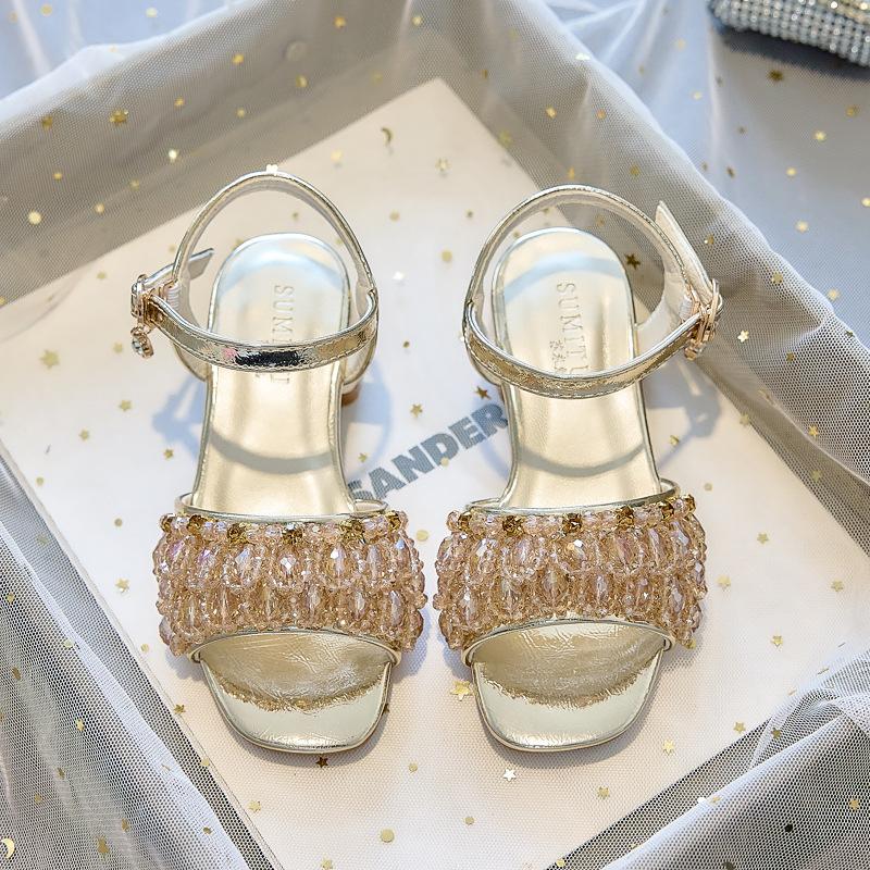 Girls' sandals princess shoes2026New Summer Chunky Heel Beaded Crystal Performance Catwalk Beach Children's High Heels