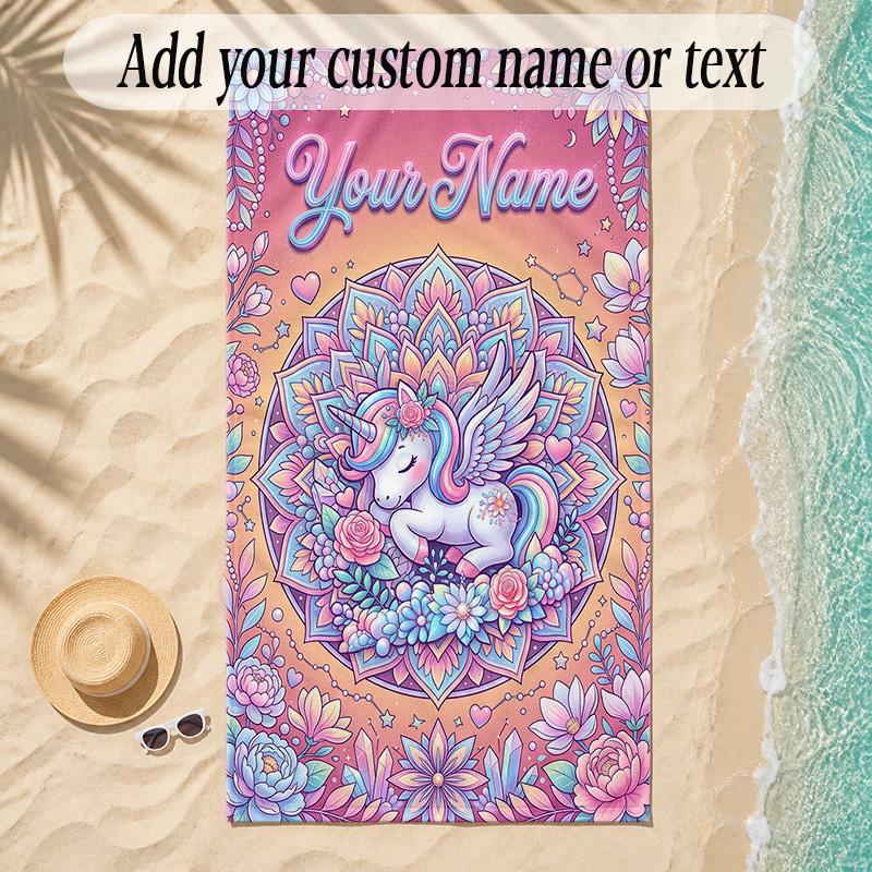 Unicorn Theme Soft Beach Towel Personalized Custom Name Text Towel Portable for Beach Pool Travel