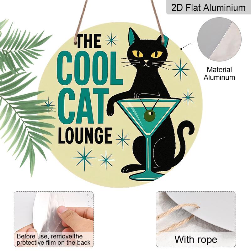 [Cool Cat Lounge Sign] 2D Flat, 2D Flat Metal Sign-The Cool Cat Lounge, Black Cat with Martini Glass Design, Yellow Background with Blue Stars