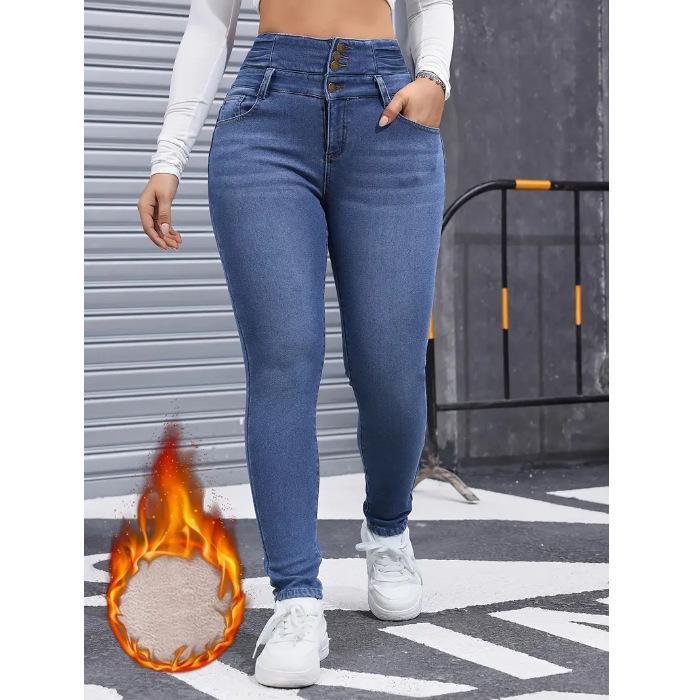 

Versatile Solid Color Women s Jeans: Elastic, Tight-fitting, Multi-button, Plus Velvet for Autumn/Winter. 2XL синий