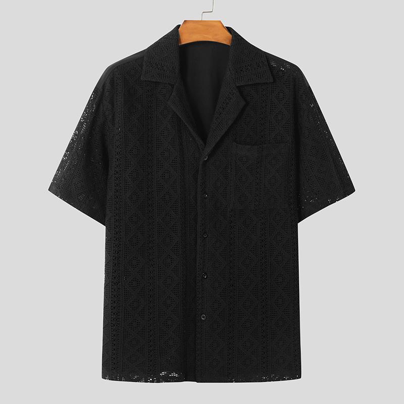 

INCERUN Summer Men Lapel Neck Short Sleeve Lace Crochet Back Patchwork Shirts XL чорний