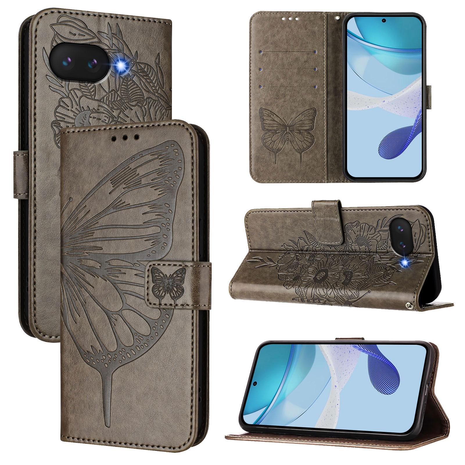

For Google Pixel 9a Wallet Case with Wrist Strap Butterfly Imprint Leather Phone Cover Grey