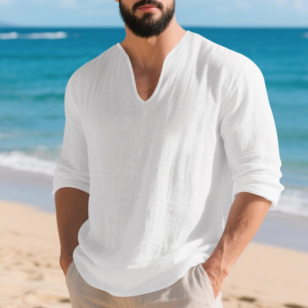 Men's Cotton-Linen Long-Sleeve Deep V-Neck Top, Lightweight Casual Shirt