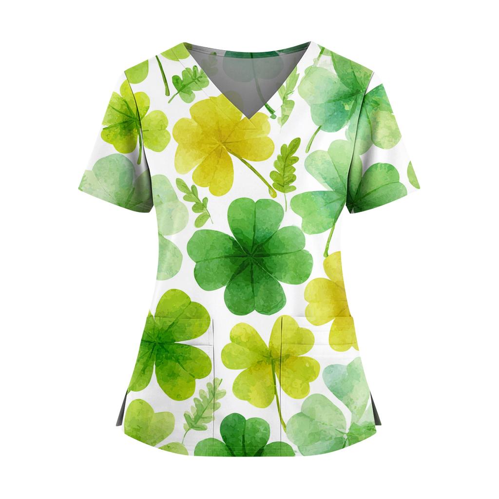Frauen St. St. Patrick's Day Druck V-Ausschnitt Doppeltasche Kurzarm Uniform Oberteil mit geschlitztem Saum