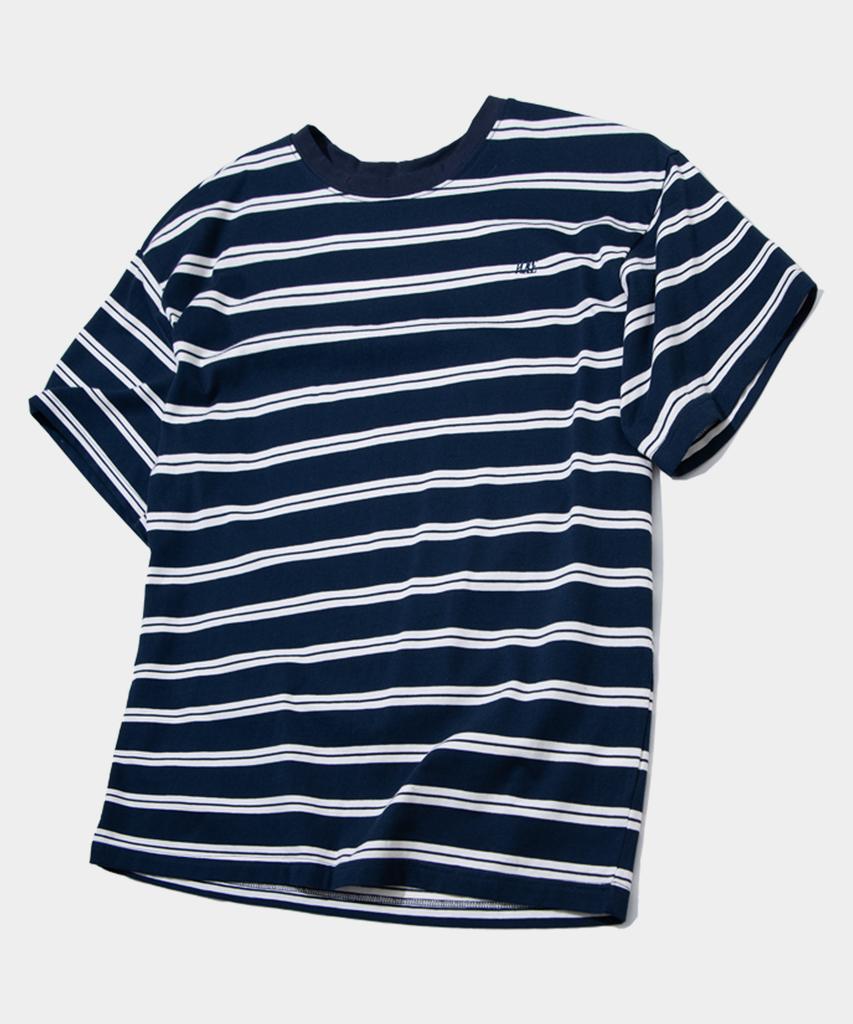 PLACESTUDIOMAN Striped Cotton Logo Embroidered Round Neck Oversized Short Sleeve T-Shirt [Black]