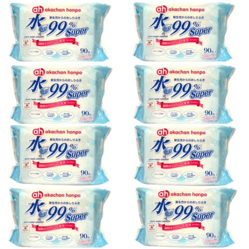 

Akachan Honpo Super Baby Wipes for Newborns, 90 sheets x 8 packs, made with pure water, slightly acidic, and formulated with hyaluronic acid