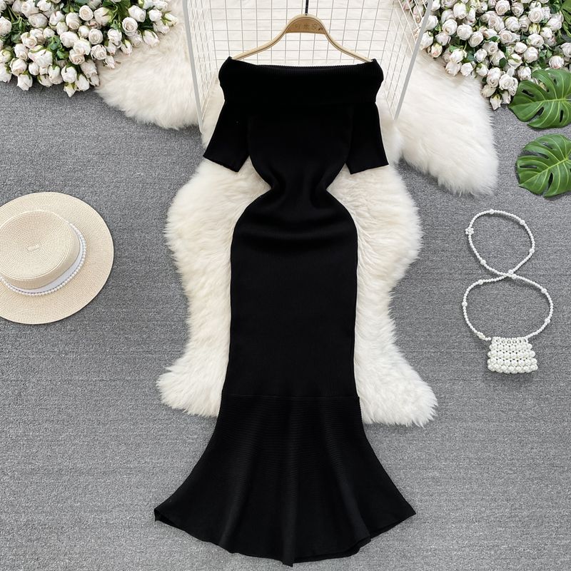 

off-Shoulder Socialite A- line Ruffles Dress Fishtail Black One size