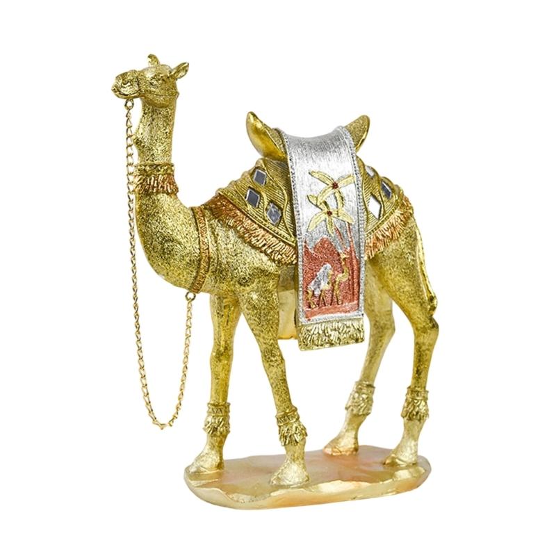 Artistic Camels Sculpture Resins Middle Eastern Ornament Gold Desert Animal Figurine for Living Room and Office Display