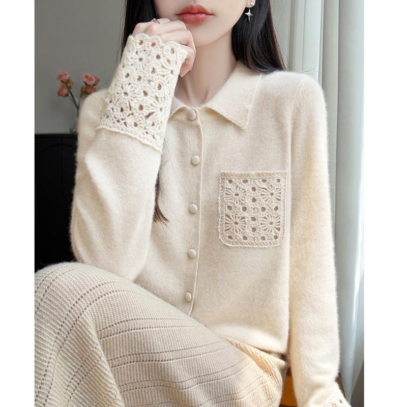 Wool Women's Open-weave Patchwork V-neck Long-sleeved Knitted Loose-fitting Sweater