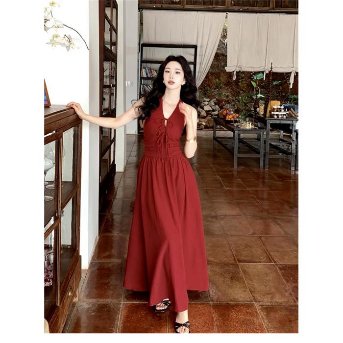 EIA Yiyao [Summer Muse] Red Hong Kong Style Retro Neck Halter Dress Summer French Sleeveless Long Dress S