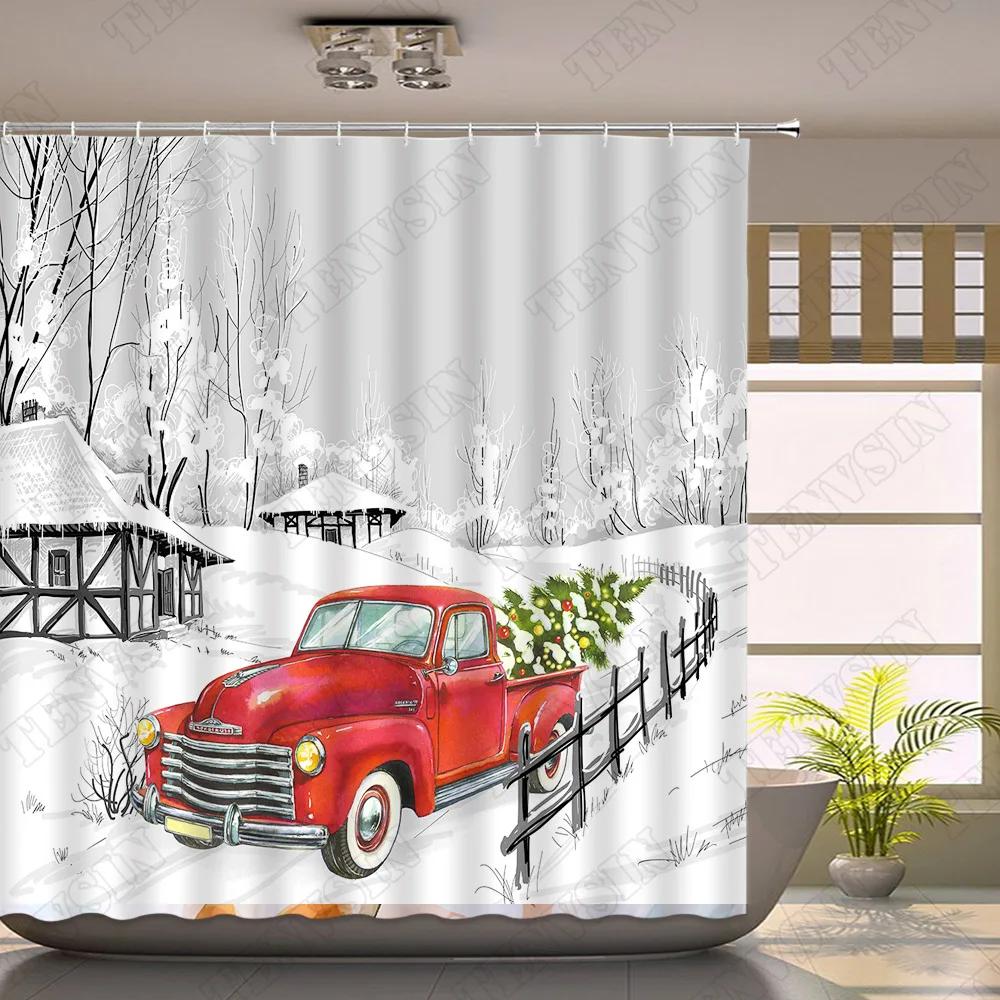 

Winter Shower Curtain Snow Red Truck Pine Rural Snowman Scenery Fabric Cloth Christmas Decor Bathroom Curtain Bath Accessory Set 35x70in-90x180cm