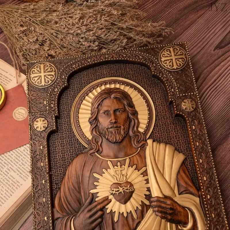 Vintage Religious Wooden Plaque Sacred Heart of Jesus Catholic Jesus Statue, Wall Hanging, Church Room, Home Decor