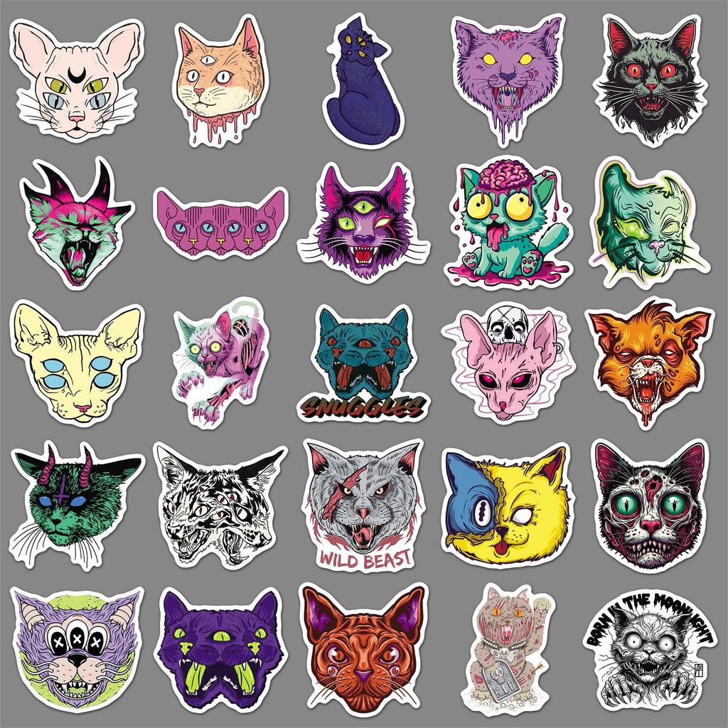 50 Scary Cat Stickers for Halloween Decoration, Creative Waterproof Planner, Water Cup and Suitcase Stickers
