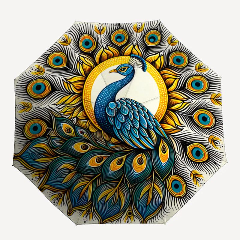 1pz Mandala Piuma di Pavone Apertura Automatica, Robusto Telaio in Ferro, Design Pieghevole Compatto, Ombrello Portatile per Tutte le Stagioni per Donne e Uomini, da Esterno