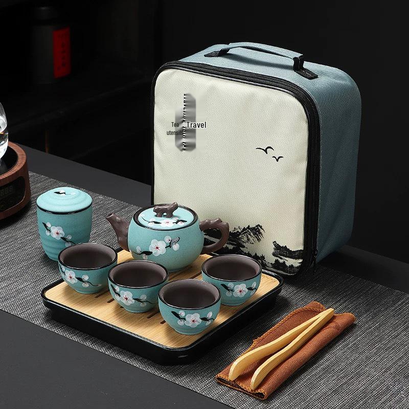 Hand-Painted Zisha Travel Tea Set Gift Box 1 Teapot & 4 Cups