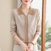 Women's Korean-Style Casual Lapel Base Layer Long-Sleeve Jacquard Color-Block Sweater with Beaded Embellishments