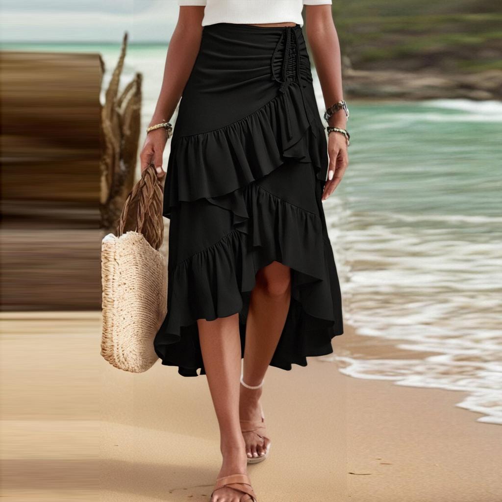 Womens Maxi Skirt Drawstring High Waisted Summer Long Skirts Lightweight Tiered Flowy Floral Pleated Skirts