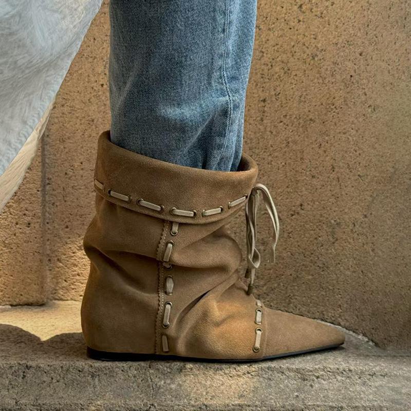 

Super soft lambskin~ Stacked pleated knight boots female Maillard folding two wear western boots cowboy boots long tube 40