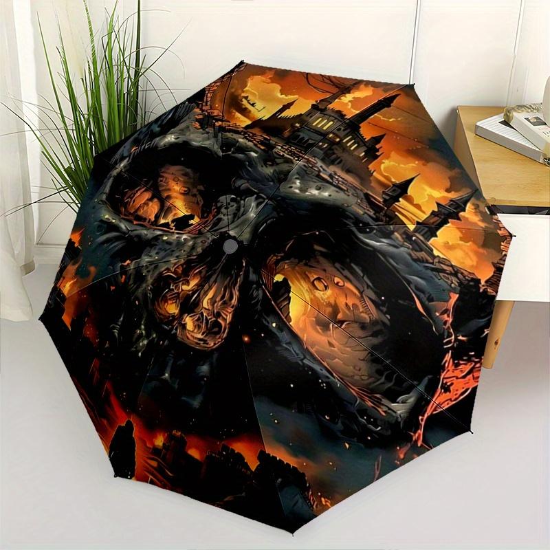 1pc Fiery Skull-Shaped Fortress Pattern Beautiful Looking Automatic Folding Umbrella, 3 Folding, 8 Iron Frame Design, Durable and Suitable for Tr