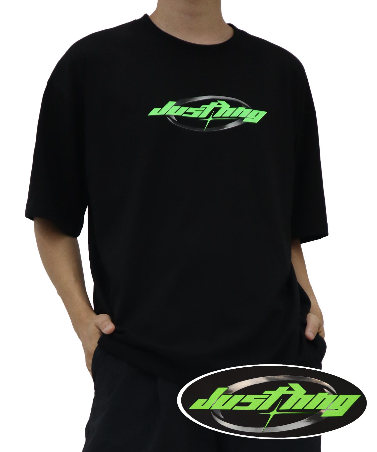 Just Haeng Hng Neon Green Logo Oversized Short Sleeve T-Shirt (Black) F