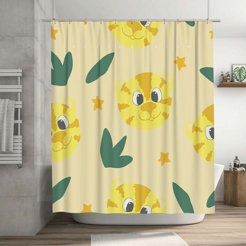 Adorable Cartoon Animal Print Shower Curtain Waterproof Fabric Home Decor Bathroom Decoration Set Yellow Tiger