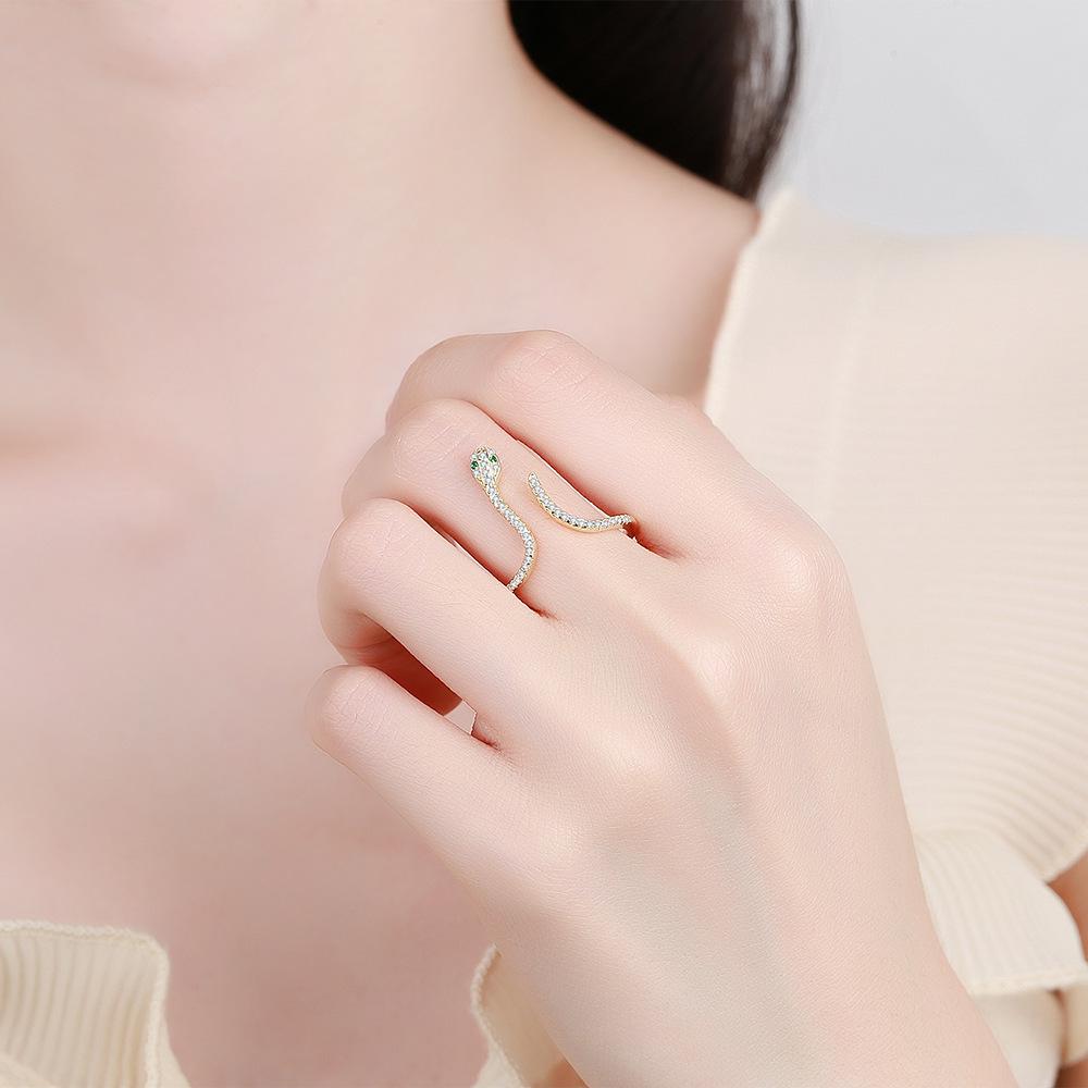 14K Gold Plated Zircon Open Ring: 925 Sterling Silver Micro-Paved Diamond Snake Design for Women - European & American Style.