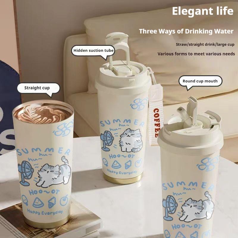 520ml Cute Cartoon Cat Insulated Cup High Appearance Stainless Steel Straw Cup Cold And  Insulation Double Drinking Cup