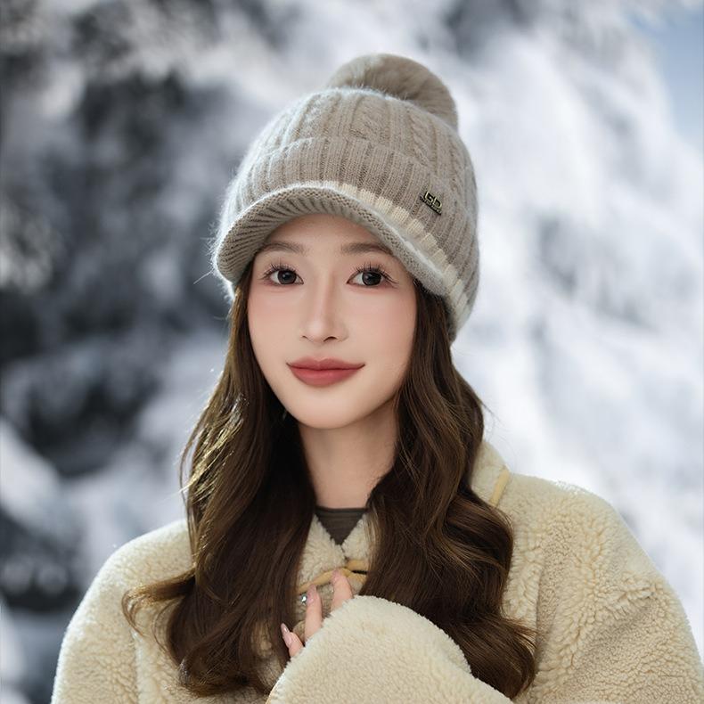 Czapka dziergana z pomponem, Gruba ciepła czapka z polaru, Wełniana czapka rekreacyjna na zewnątrz, Damska zimowa wełniana czapka dziergana, Wiatroodporna czapka podróżna na zewnątrz