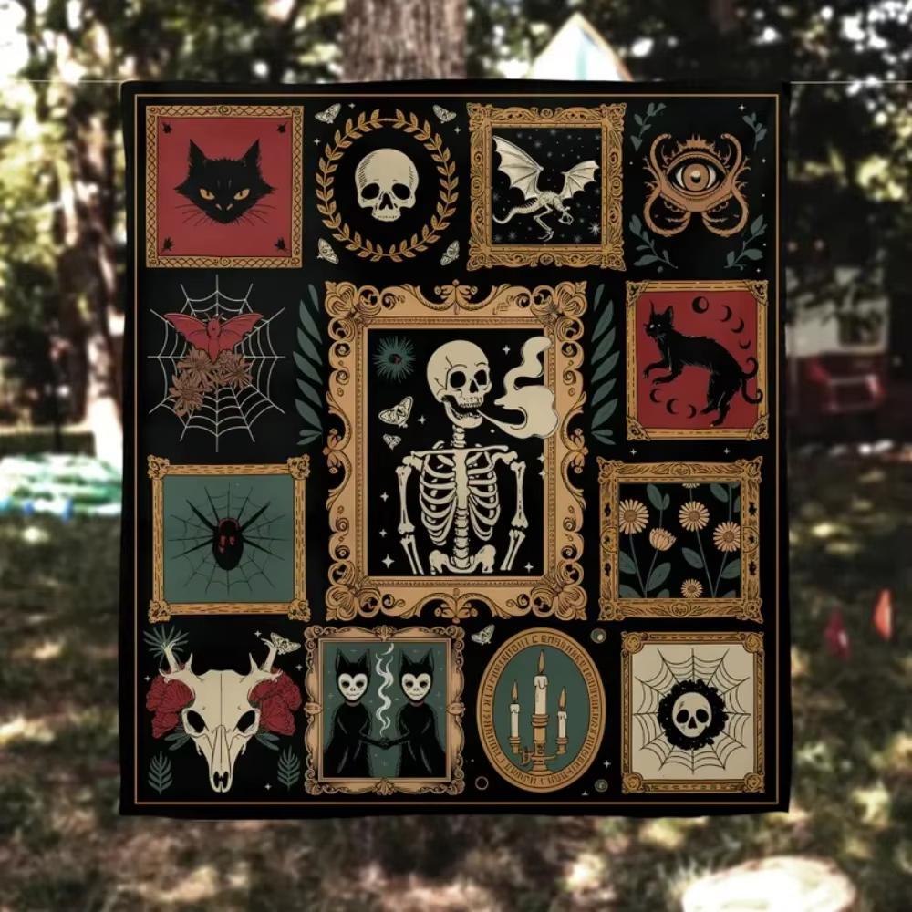 Gothic Occult Skeleton & Black Cat Tapestry Home Decoration Dark Boho Wall Hanging For Bedroom Living Room & Halloween Spaces