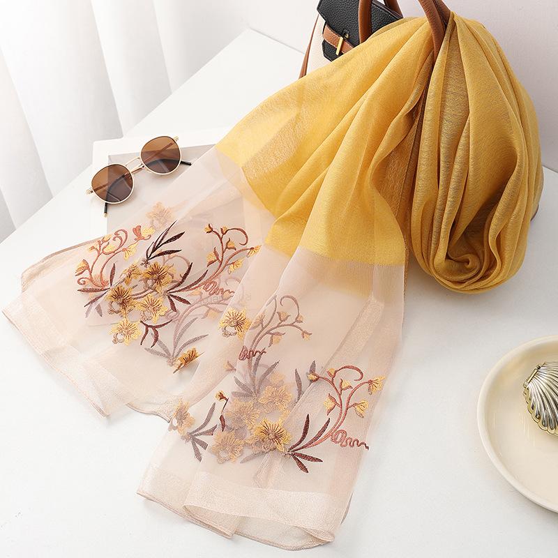 Four Season silk wool scarf women hijab pashmina shawls wrap Bandana Blanket Floral Pashmina Embroidery Scarves Foulard