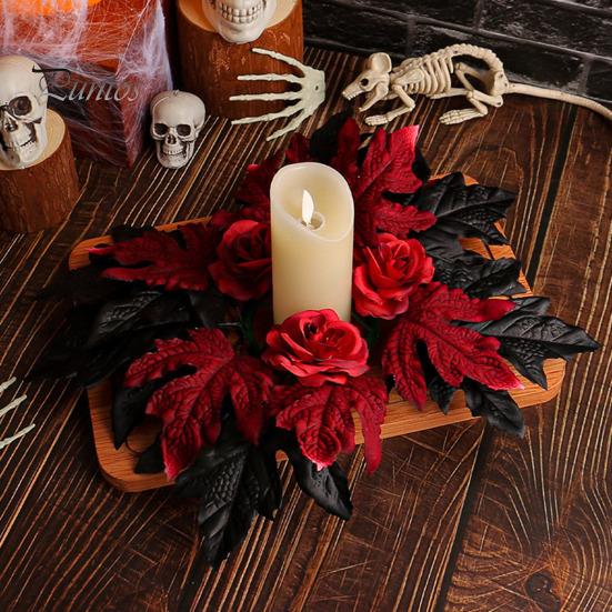 Home Party Supplies Halloween Floral Candle Ring, Artificial Maple Rose Wreath for Festive Atmosphere Decorations Holder, Spooky Table Centerpiece