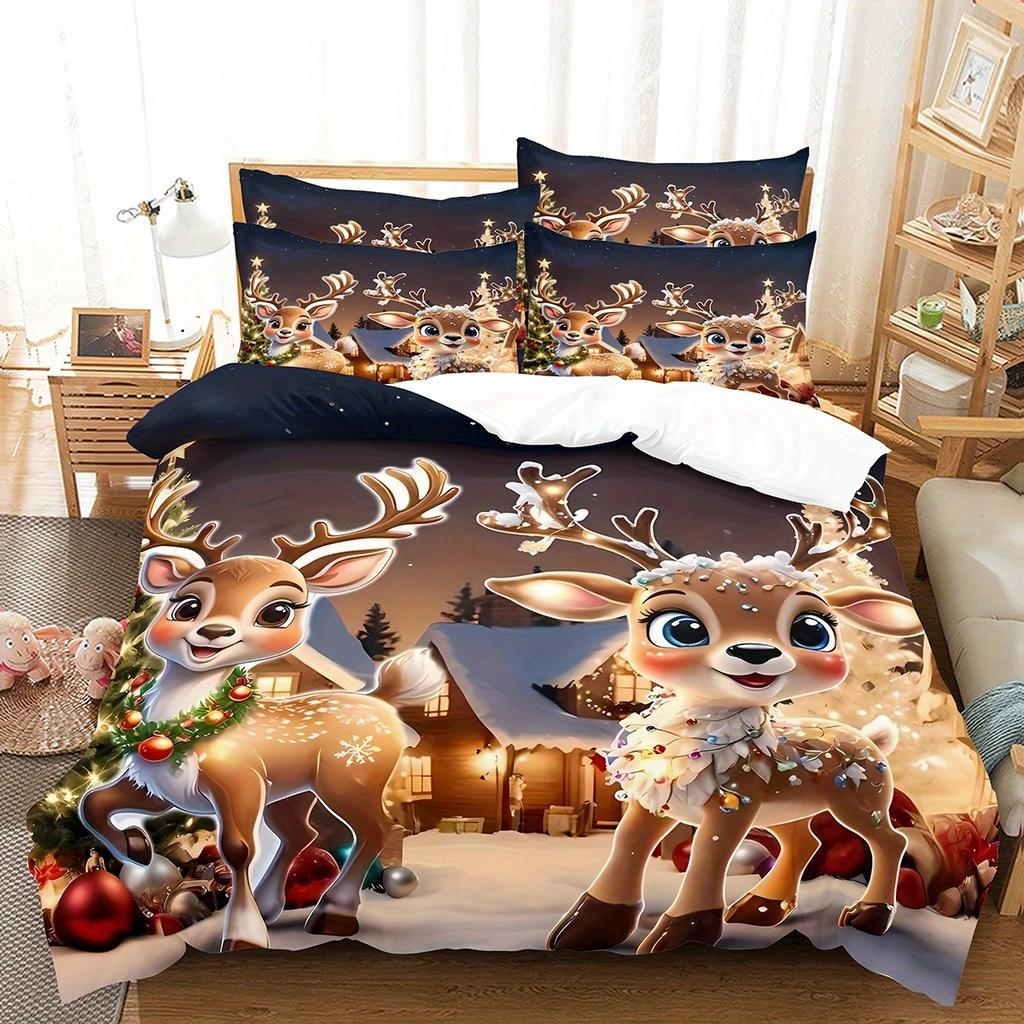 3-teiliges Cartoon Weihnachtsrentier Weihnachtsbaum Bettwäscheset, Winter Weihnachtshirsch Bettbezugset (1 * Bettbezug + 2 * Kissenbezüge