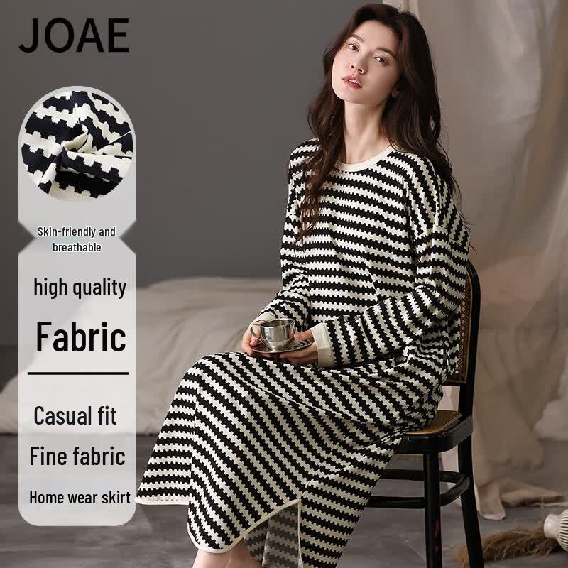 JOAE Women s Striped Pure Cotton Long Sleeve Nightgown Dress L