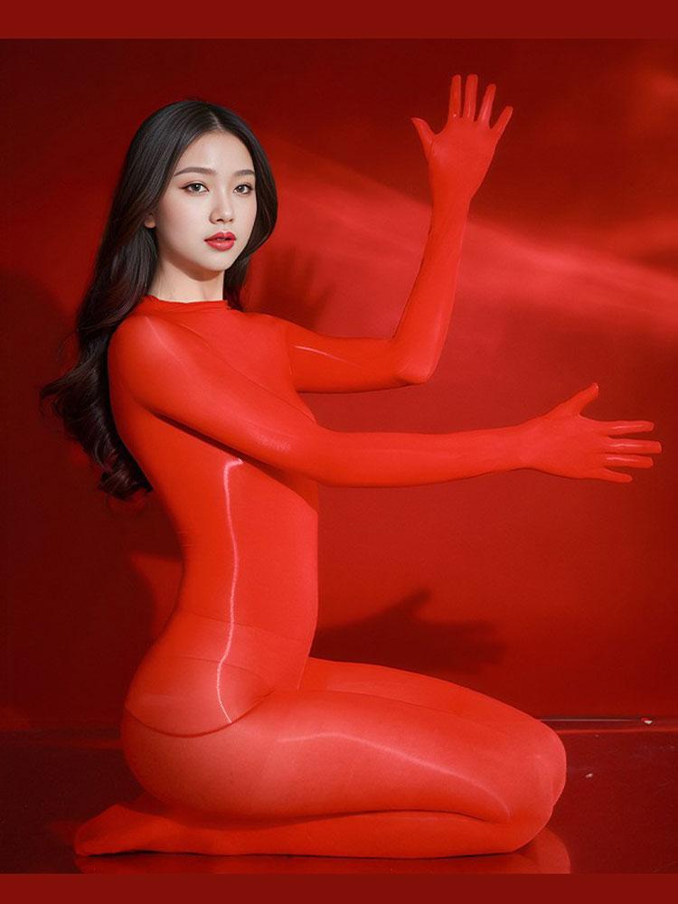 Sexy Seamless Crotch Jumpsuit High Elastic Oil Shiny Glossy Bodysuit Women's Unitard Sheer See Through Tights Night Wear Shaper
