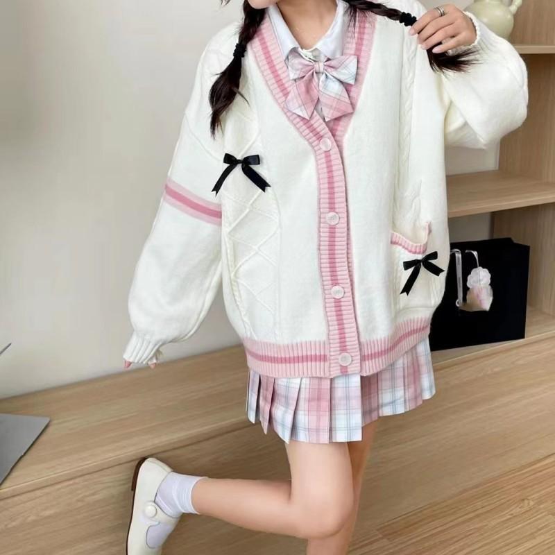 

Autumn and winter pink sweet bow twist contrasting color V-neck college style sweater jacket women s loose lazy style 48-282 (average size) білий
