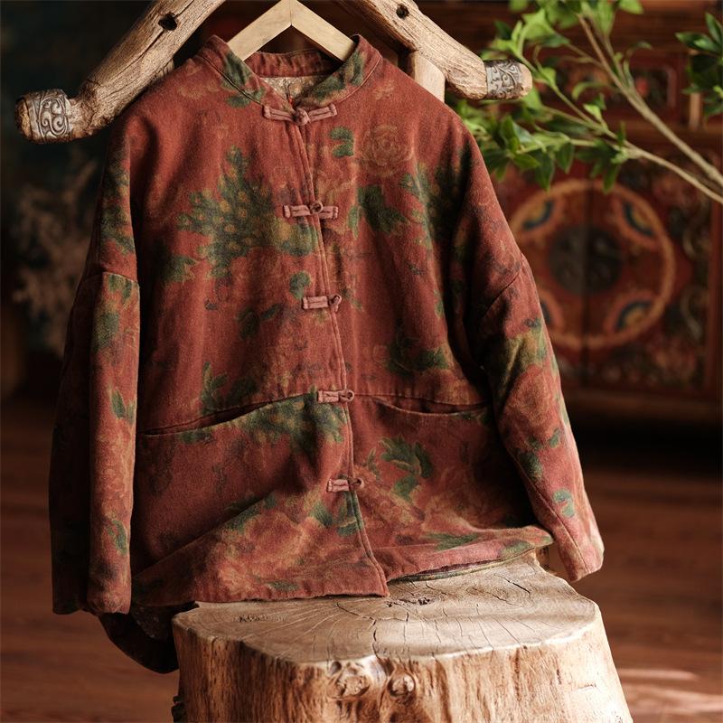 Johnature Dámské Vintage pruhovaný stojánek Parky Button Plus Bavlna Patchwork Kapsy Kabáty Zimní Dlouhý rukáv Teplé Parky