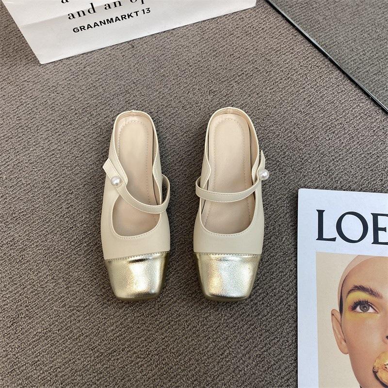 

Лето 2025 новые туфли-мюли без каблука на плоской подошве, ленивые золотые, с жемчужным пояском, цветная сумка в тон, полушлепанцы с закрытым носком, женская уличная обувь 35