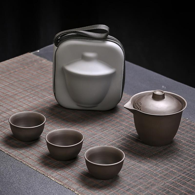 Travel tea set, purple sand express cup, portable outdoor one pot, three cups of ceramic business souvenir