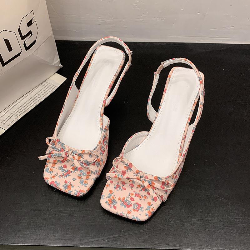 

French fairy style sandals female 2025 summer temperament elegant floral bow open-toed high-heeled stiletto sandals 40