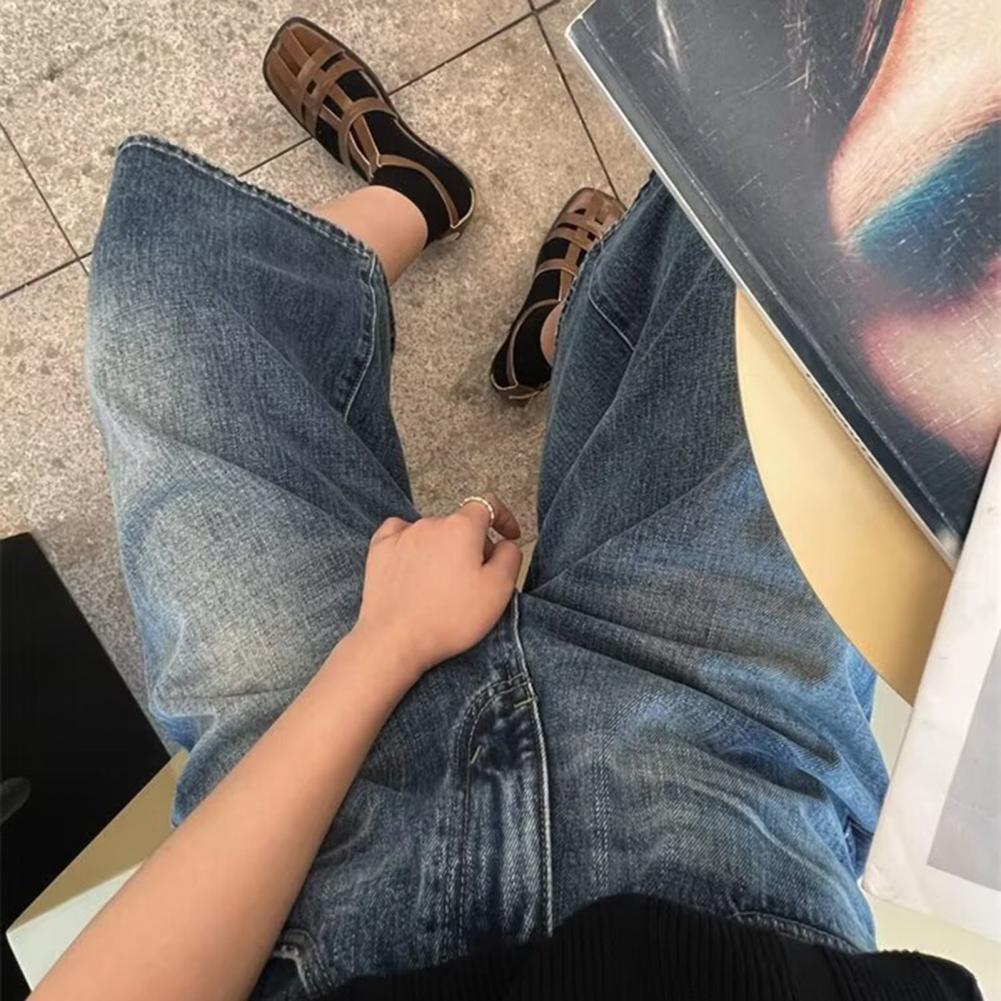 Men Women Denim Shorts Mid-rise Button Zipper Fly Wide Leg Thin Washed Denim Pants Retro Solid Color Short Jeans