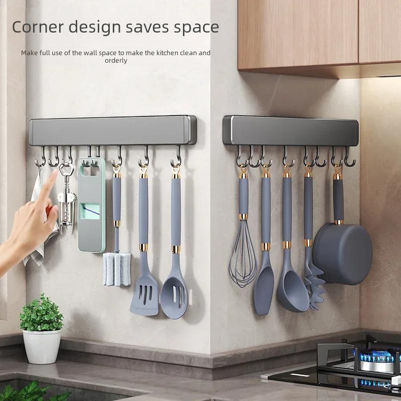 Kitchen Utensil Storage Organizer Non-perforated Wall Rack Movable Hook Spoon Holder Household Kitchen Mounted Arrangement Shelf